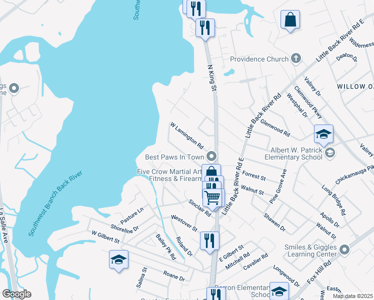 map of restaurants, bars, coffee shops, grocery stores, and more near 28 West Preston Street in Hampton