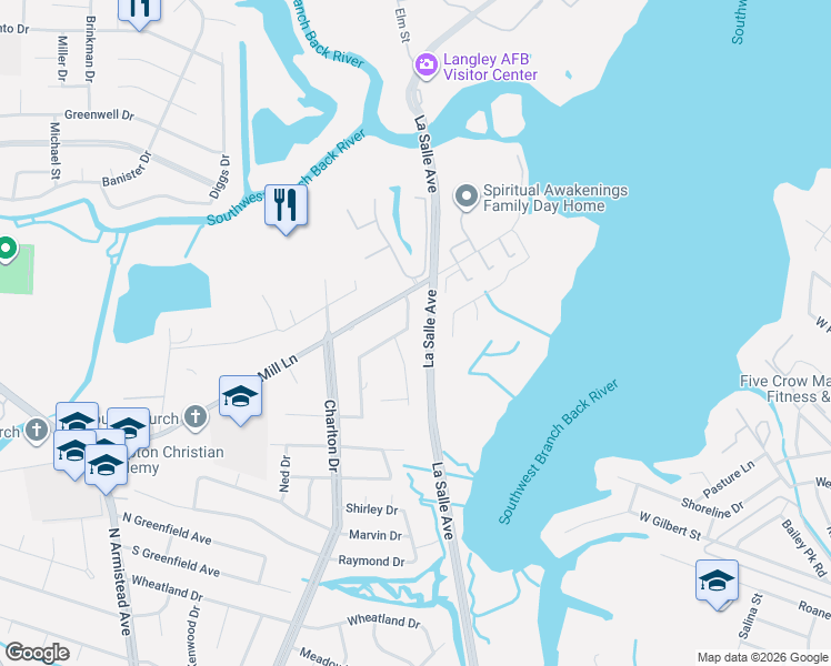 map of restaurants, bars, coffee shops, grocery stores, and more near 11 Towler Drive in Hampton
