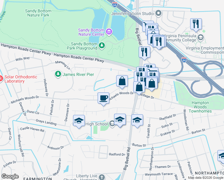 map of restaurants, bars, coffee shops, grocery stores, and more near 33 Ridge Wood Drive in Hampton