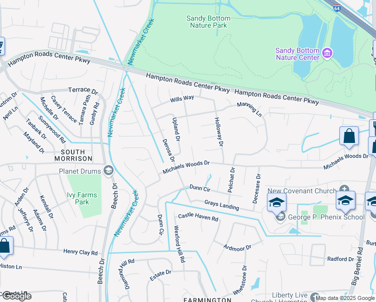 map of restaurants, bars, coffee shops, grocery stores, and more near 14 Eisele Court in Hampton