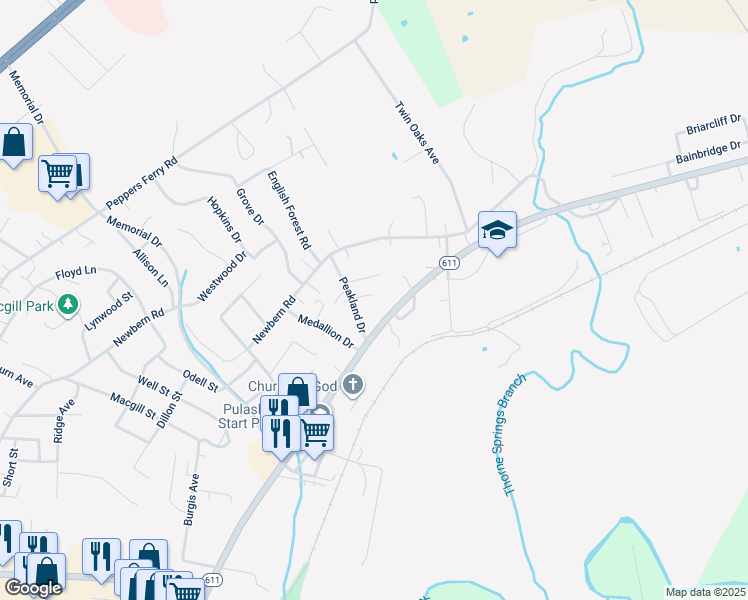 map of restaurants, bars, coffee shops, grocery stores, and more near 1975 Peakland Drive in Pulaski