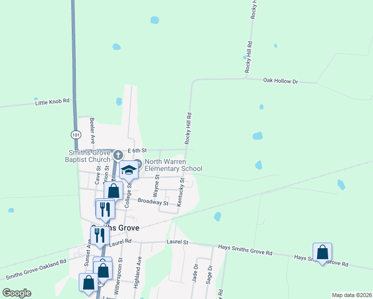 map of restaurants, bars, coffee shops, grocery stores, and more near 401-499 Kentucky Street in Smiths Grove