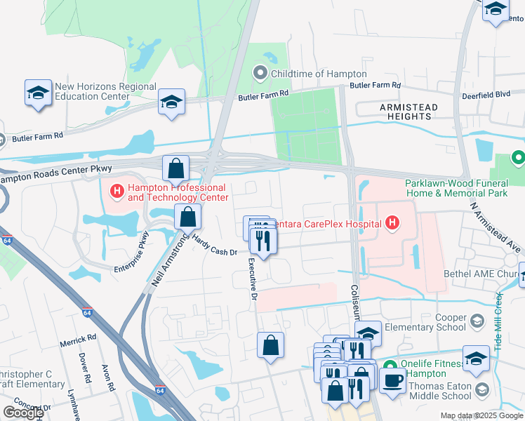 map of restaurants, bars, coffee shops, grocery stores, and more near 1400 Crispell Court in Hampton