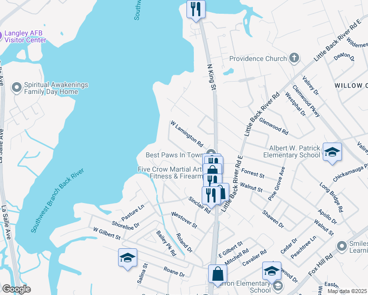 map of restaurants, bars, coffee shops, grocery stores, and more near 29 West Preston Street in Hampton