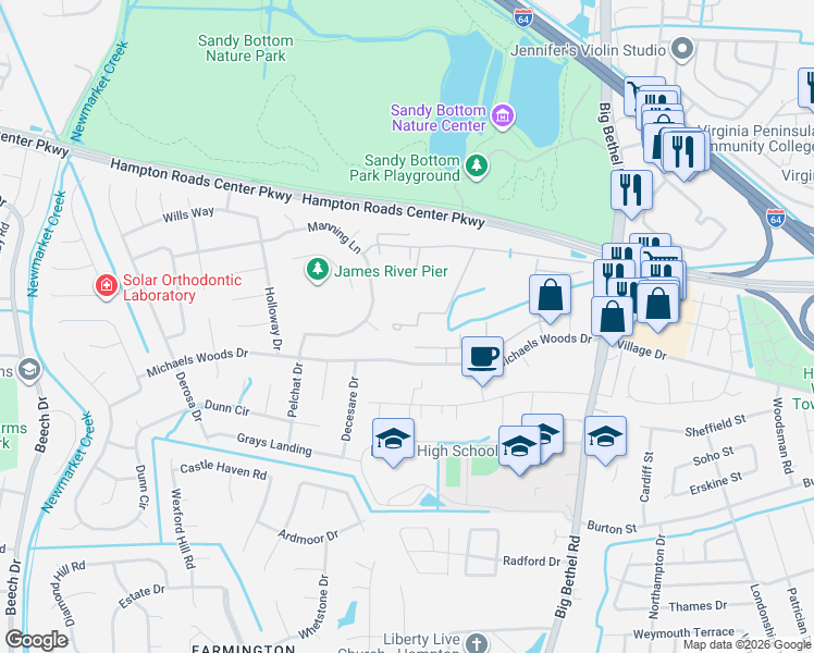 map of restaurants, bars, coffee shops, grocery stores, and more near 12 Elmwood Ln in Hampton