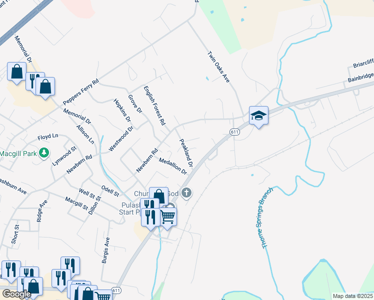 map of restaurants, bars, coffee shops, grocery stores, and more near 1975 Peakland Drive in Pulaski