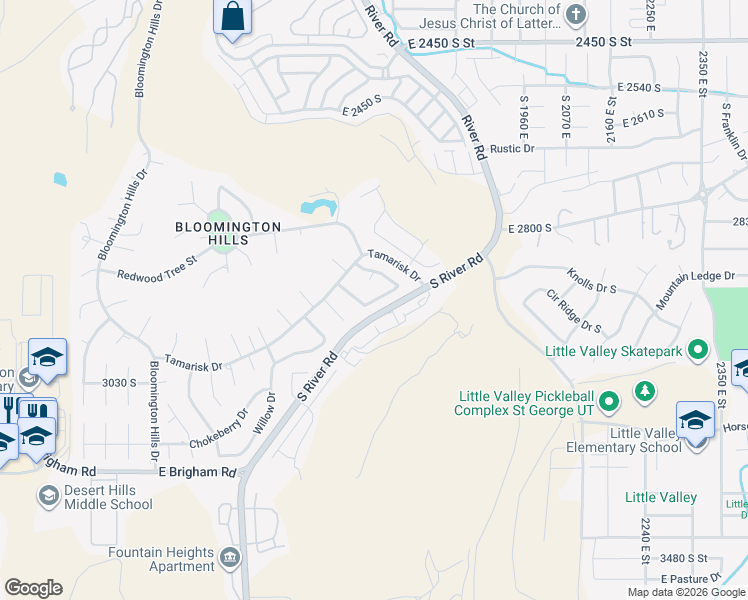 map of restaurants, bars, coffee shops, grocery stores, and more near 3025 Sweetgum Way in St. George