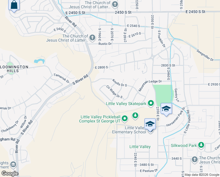 map of restaurants, bars, coffee shops, grocery stores, and more near Circle Ridge Drive in St. George