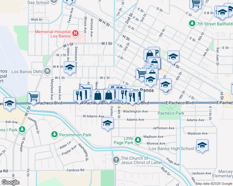 map of restaurants, bars, coffee shops, grocery stores, and more near 1267 4th Street in Los Banos