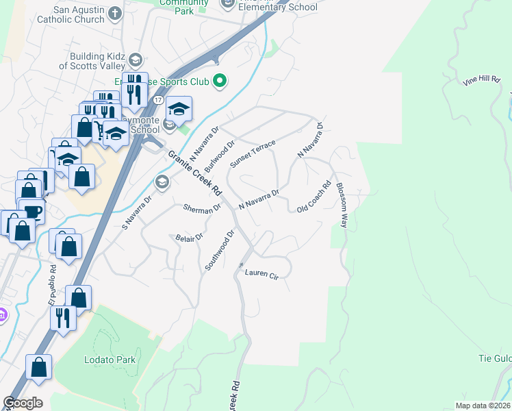 map of restaurants, bars, coffee shops, grocery stores, and more near 9 Sunset Terrace in Scotts Valley