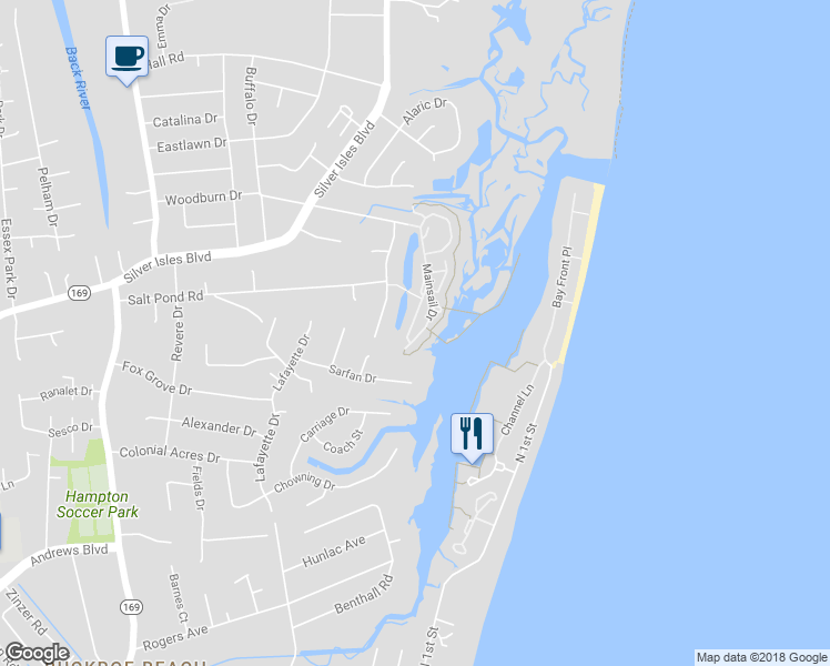 map of restaurants, bars, coffee shops, grocery stores, and more near 135 Genoa Drive in Hampton