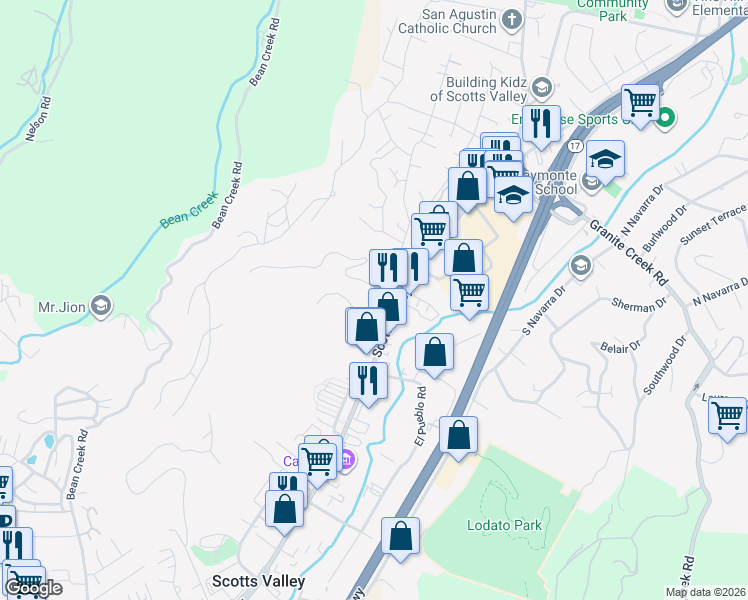 map of restaurants, bars, coffee shops, grocery stores, and more near 5297 Scotts Valley Drive in Scotts Valley