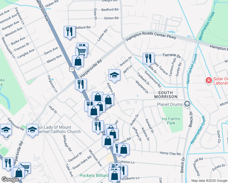 map of restaurants, bars, coffee shops, grocery stores, and more near in Newport News