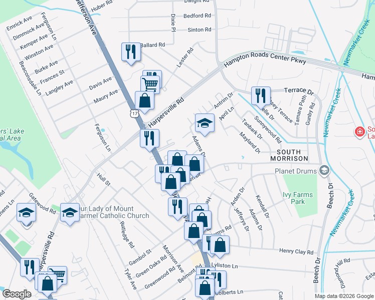 map of restaurants, bars, coffee shops, grocery stores, and more near 69 Regency Square in Newport News