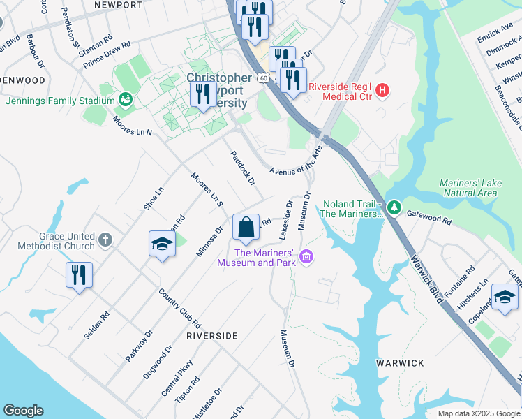 map of restaurants, bars, coffee shops, grocery stores, and more near 9 Sunset Road in Newport News
