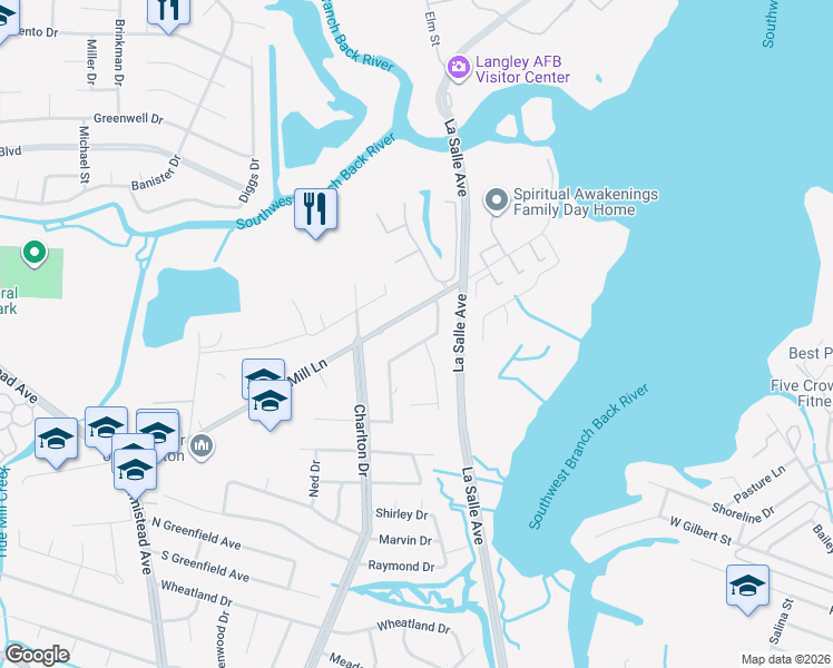 map of restaurants, bars, coffee shops, grocery stores, and more near 21 Towler Drive in Hampton