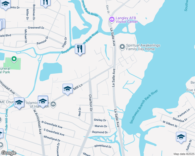 map of restaurants, bars, coffee shops, grocery stores, and more near 76 Tide Mill Lane in Hampton