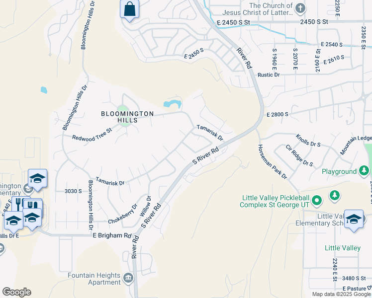 map of restaurants, bars, coffee shops, grocery stores, and more near 3016 South Sweetgum Circle in St. George