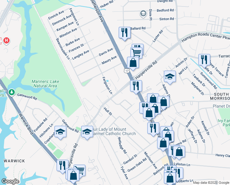 map of restaurants, bars, coffee shops, grocery stores, and more near 309 Harpersville Road in Newport News