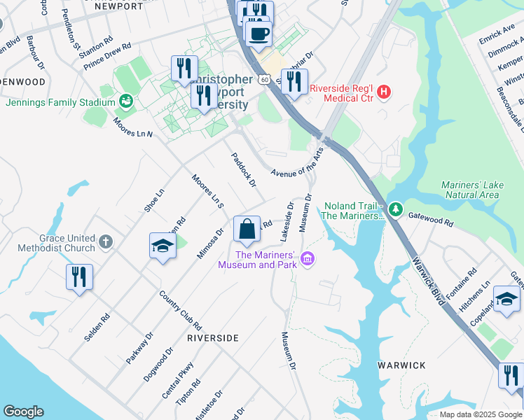 map of restaurants, bars, coffee shops, grocery stores, and more near 9 Sunset Road in Newport News