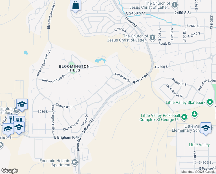 map of restaurants, bars, coffee shops, grocery stores, and more near 3016 South Sweetgum Circle in St. George