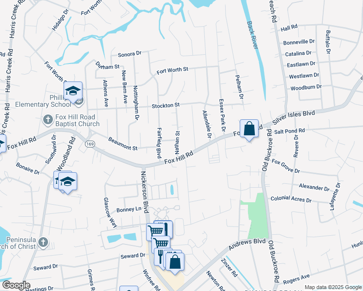 map of restaurants, bars, coffee shops, grocery stores, and more near 6 Nathan Street in Hampton