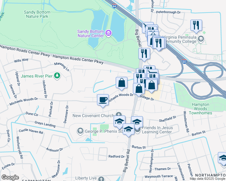 map of restaurants, bars, coffee shops, grocery stores, and more near 28 Ridge Wood Drive in Hampton