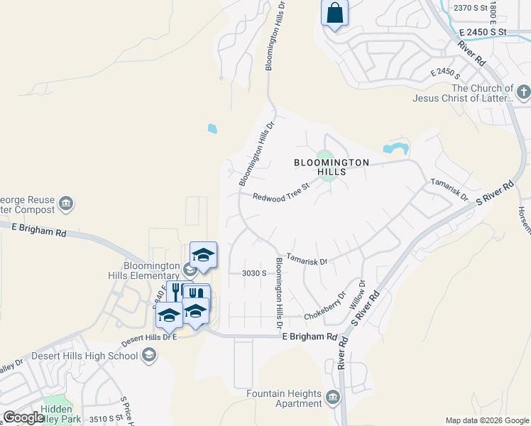 map of restaurants, bars, coffee shops, grocery stores, and more near 1141 Oleander Circle in St. George