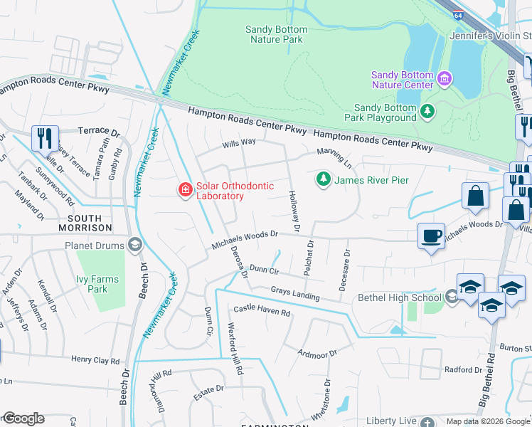 map of restaurants, bars, coffee shops, grocery stores, and more near 14 Eisele Court in Hampton
