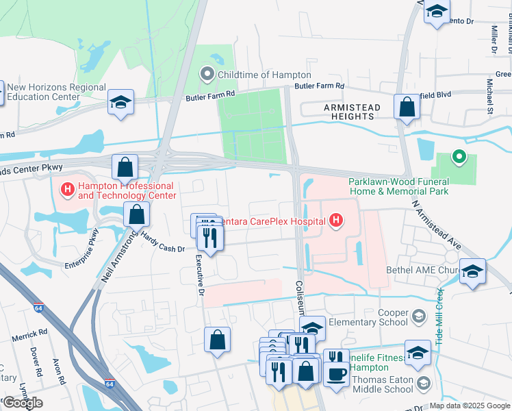 map of restaurants, bars, coffee shops, grocery stores, and more near 1520 Peabody Drive in Hampton