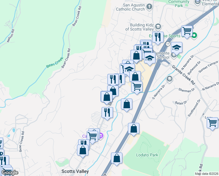 map of restaurants, bars, coffee shops, grocery stores, and more near 5297 Scotts Valley Drive in Scotts Valley