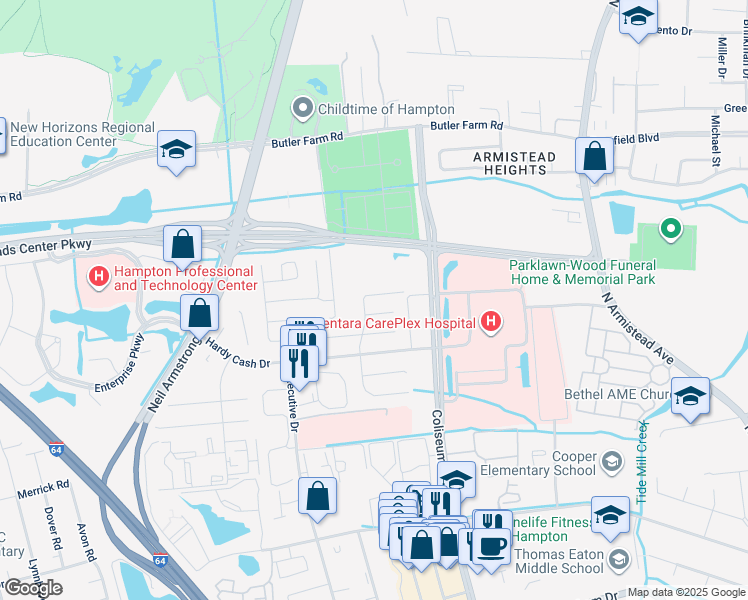 map of restaurants, bars, coffee shops, grocery stores, and more near 1520 Peabody Drive in Hampton