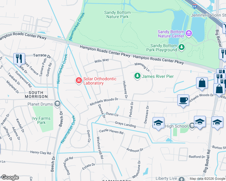 map of restaurants, bars, coffee shops, grocery stores, and more near 14 Eisele Court in Hampton