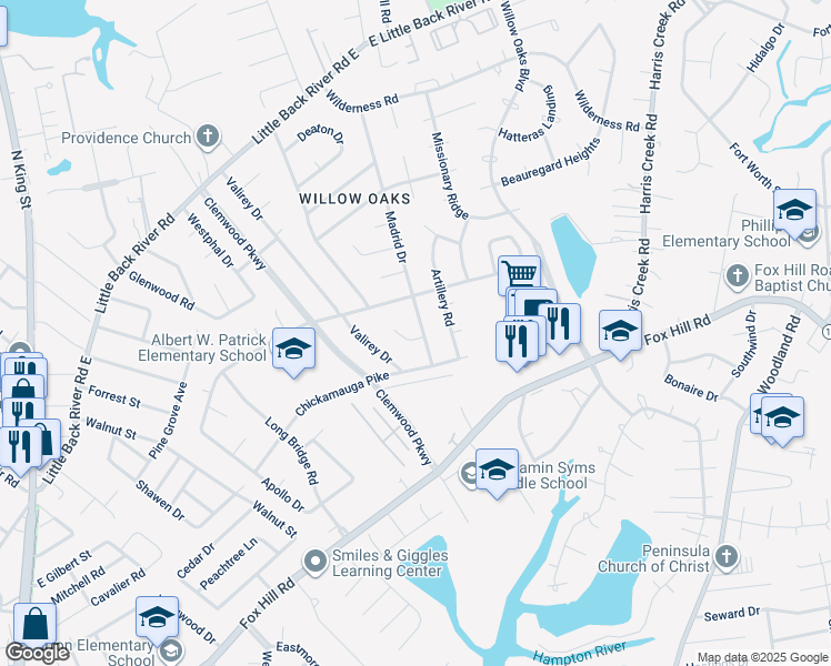 map of restaurants, bars, coffee shops, grocery stores, and more near 210 Madrid Drive in Hampton