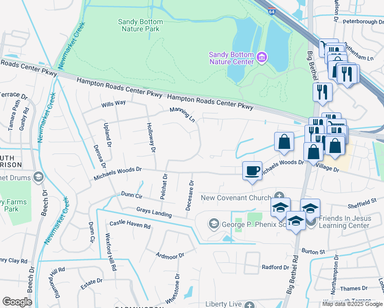 map of restaurants, bars, coffee shops, grocery stores, and more near 362 Manning Lane in Hampton