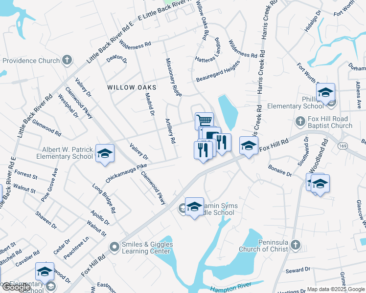 map of restaurants, bars, coffee shops, grocery stores, and more near 204 Manassas Court in Hampton