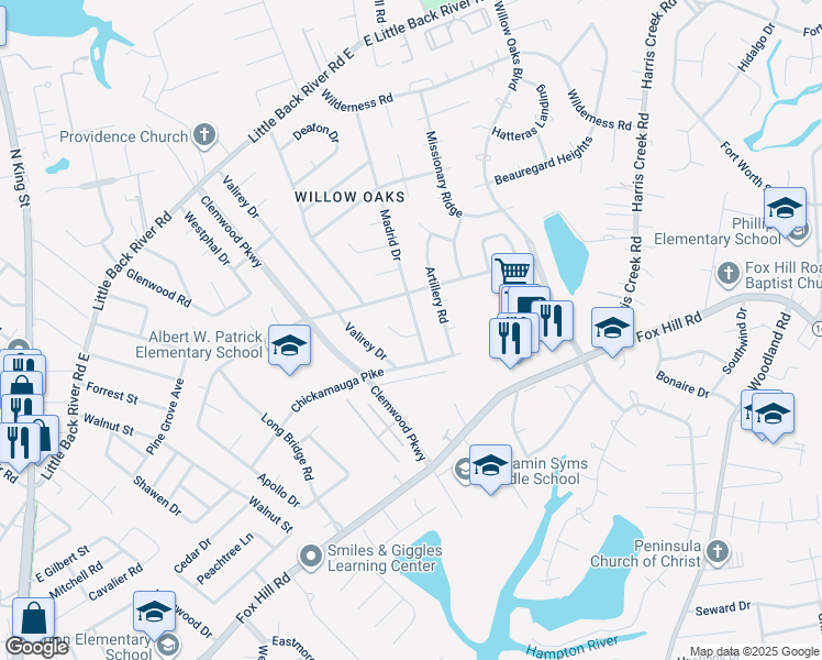 map of restaurants, bars, coffee shops, grocery stores, and more near 210 Madrid Drive in Hampton