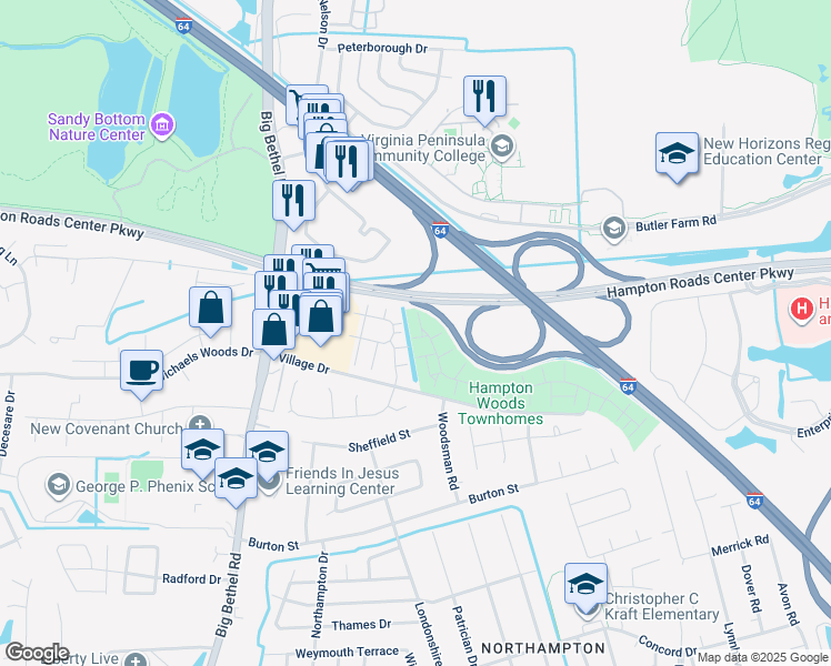 map of restaurants, bars, coffee shops, grocery stores, and more near 403 Woodview Lane in Hampton
