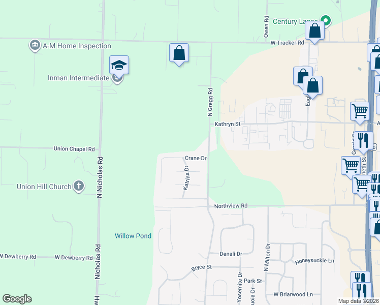 map of restaurants, bars, coffee shops, grocery stores, and more near 1144 Crane Drive in Nixa