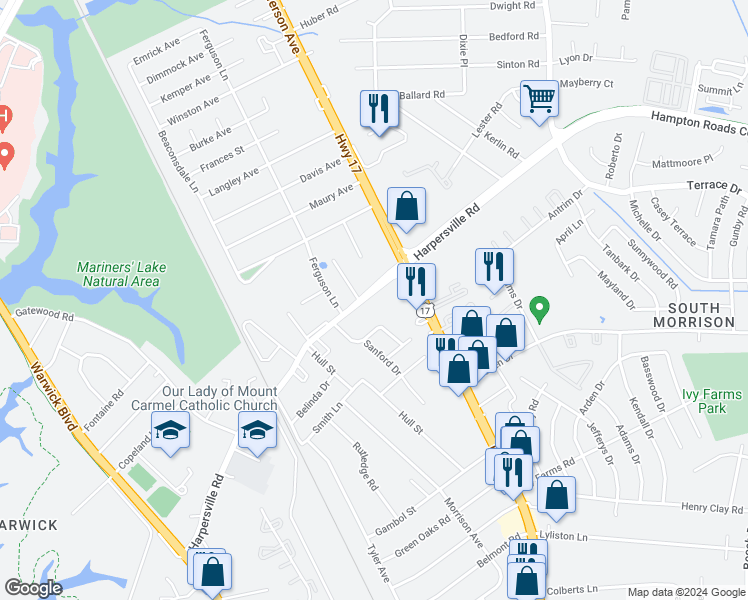 map of restaurants, bars, coffee shops, grocery stores, and more near 320 Harpersville Road in Newport News