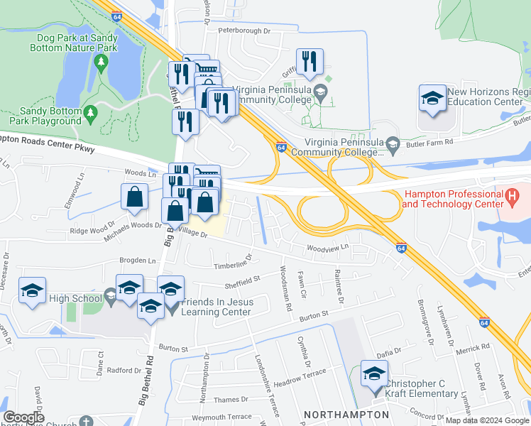 map of restaurants, bars, coffee shops, grocery stores, and more near 403 Woodview Lane in Hampton