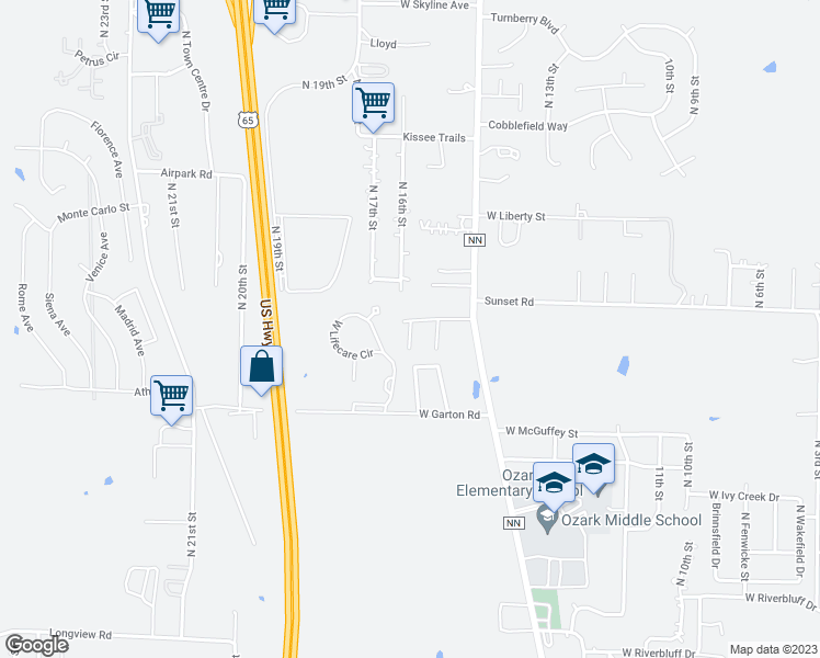 map of restaurants, bars, coffee shops, grocery stores, and more near 1515 Frosty Drive in Ozark