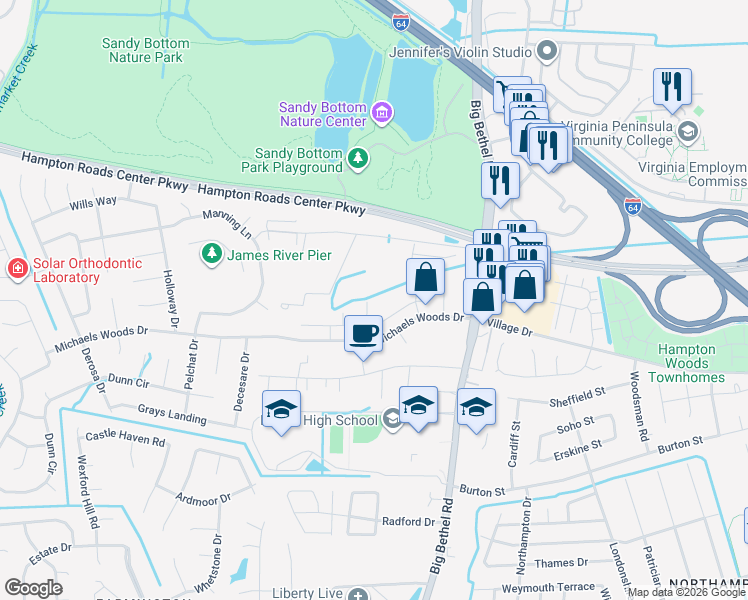 map of restaurants, bars, coffee shops, grocery stores, and more near 224 Alder Wood Drive in Hampton