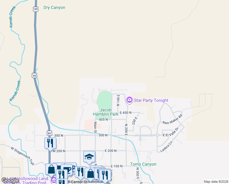 map of restaurants, bars, coffee shops, grocery stores, and more near 565 North 140 East in Kanab