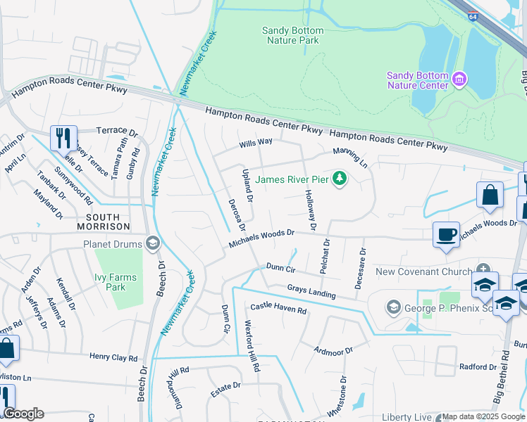 map of restaurants, bars, coffee shops, grocery stores, and more near 23 Eisele Court in Hampton