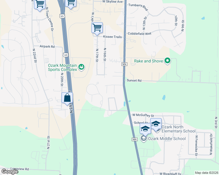 map of restaurants, bars, coffee shops, grocery stores, and more near 1523-1525 West Garrett Lane in Ozark