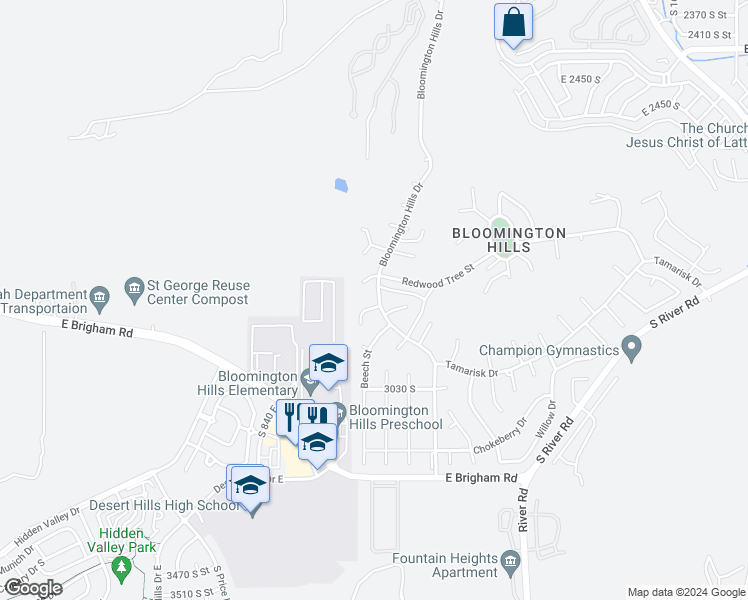 map of restaurants, bars, coffee shops, grocery stores, and more near 2914 Bloomington Hills Drive in St. George