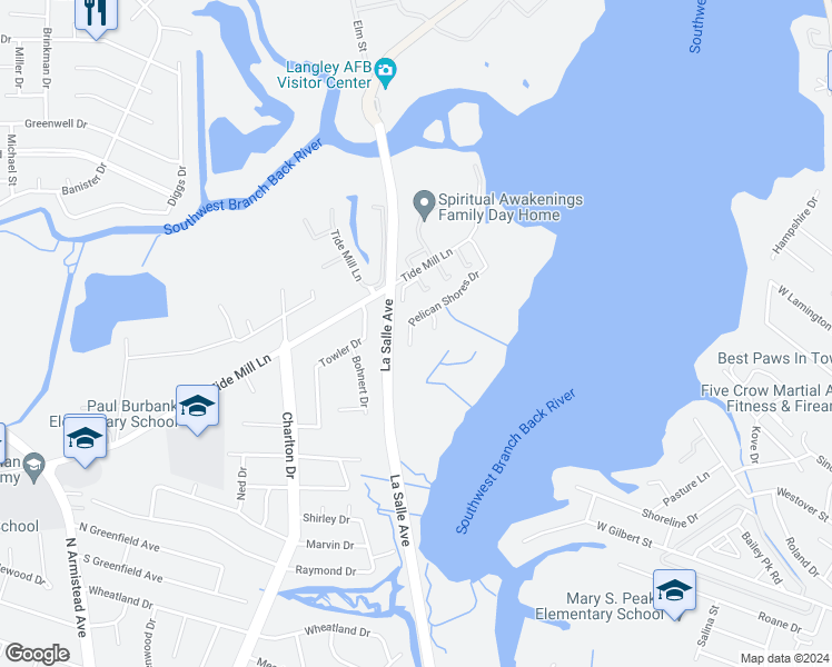 map of restaurants, bars, coffee shops, grocery stores, and more near 21 Pelican Shores Drive in Hampton