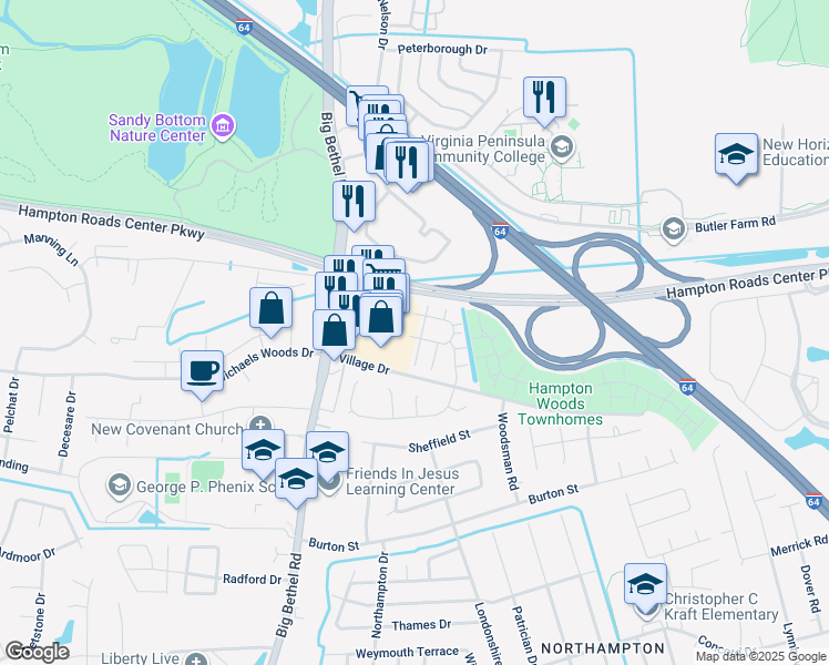 map of restaurants, bars, coffee shops, grocery stores, and more near 1124 Big Bethel Road in Hampton