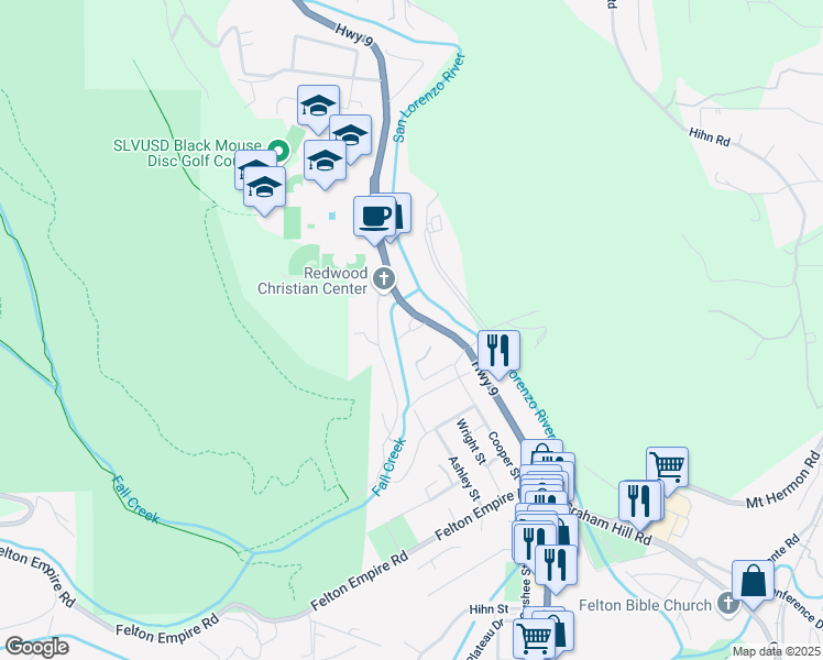 map of restaurants, bars, coffee shops, grocery stores, and more near 279 Fall Creek Drive in Felton